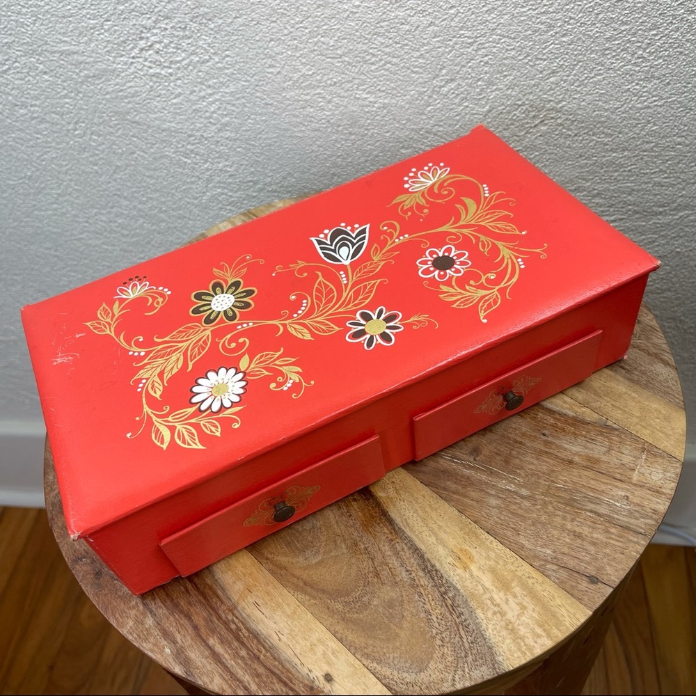 Vintage l 70s Bohemian Boho Metallic Floral Cardboard Vanity Jewelry Box Drawers
